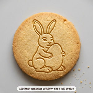 Bunny Holding an Egg cookie stamp - cookie mockup, a computer preview, not a real cookie