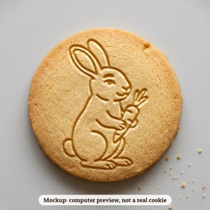 Bunny with a Carrot cookie stamp - cookie mockup, a computer preview, not a real cookie