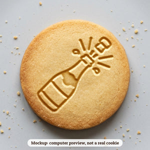 Champagne Bottle Popping cookie stamp - cookie mockup, a computer preview, not a real cookie