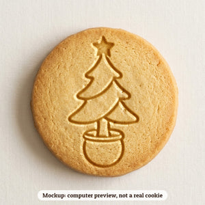 Potted Christmas Tree cookie stamp - cookie mockup, a computer preview, not a real cookie