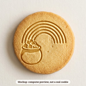 Rainbow with a Pot of Gold cookie stamp - cookie mockup, a computer preview, not a real cookie