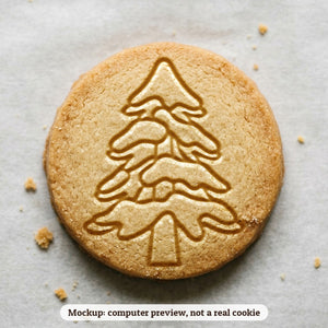 Snowy Pine Tree cookie stamp - cookie mockup, a computer preview, not a real cookie