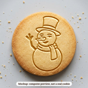 Waving Snowman cookie stamp - cookie mockup, a computer preview, not a real cookie