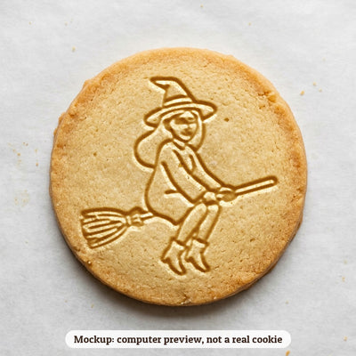 Witch on a Broom cookie stamp - cookie mockup, a computer preview, not a real cookie