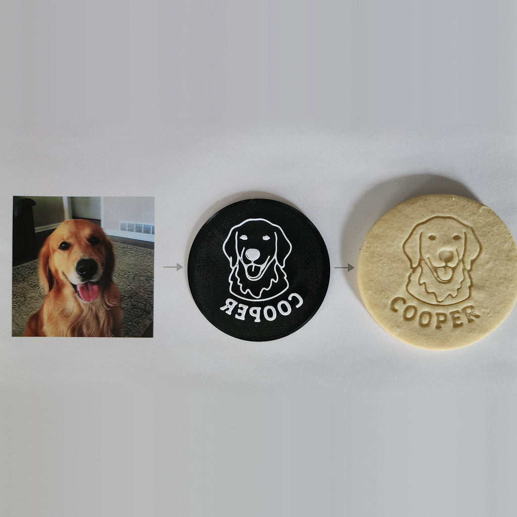 A dog photo, the 321 Cookie disc made from it, and the stamped cookie, left to right