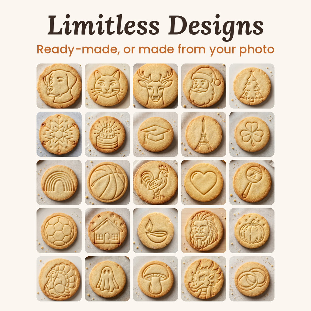 Twenty-five baked cookies, each stamped with a different 321 Cookie design
