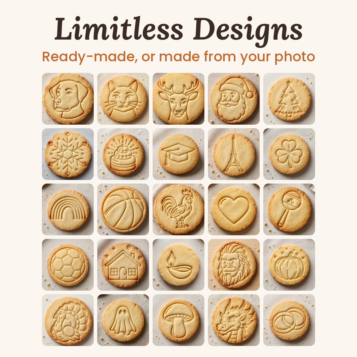Twenty-five baked cookies, each stamped with a different 321 Cookie design