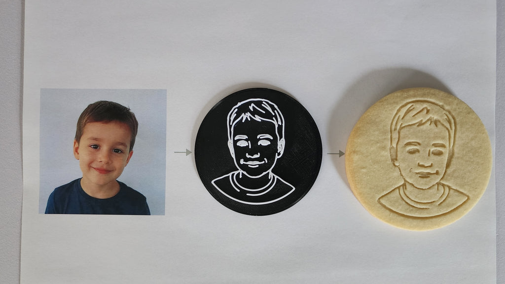 A child portrait photo, the disc made from it, and the stamped cookie, left to right