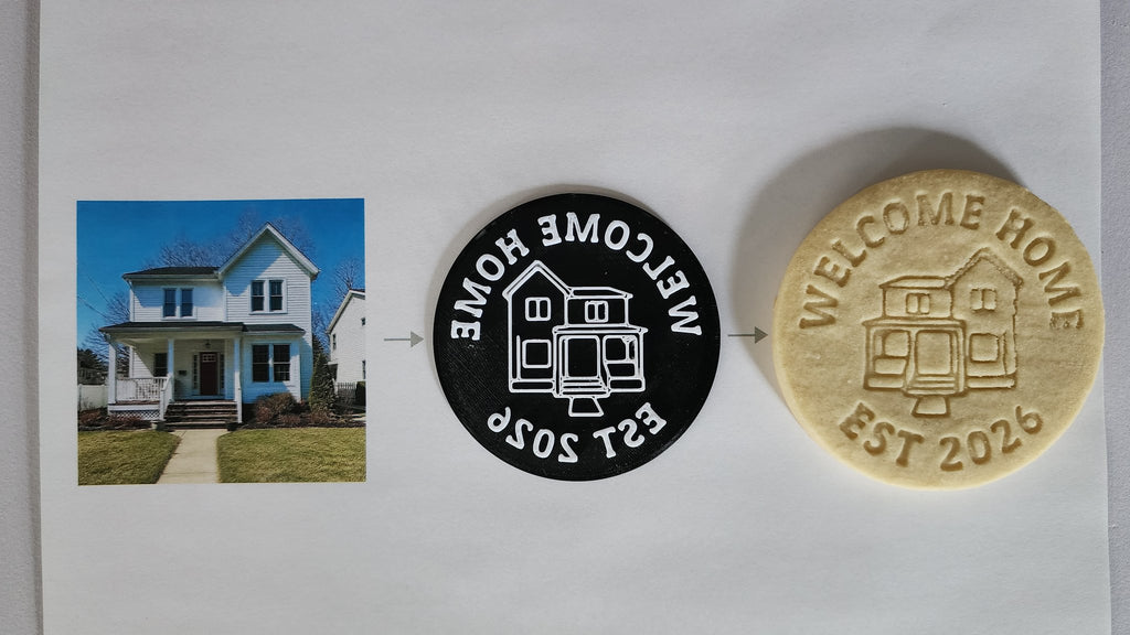 A house photo, the Welcome Home disc made from it, and the stamped cookie, left to right