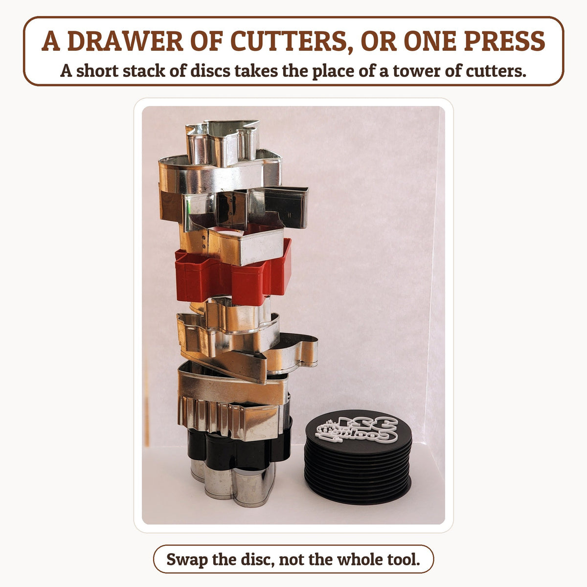 A tower of metal cookie cutters next to a short stack of design discs