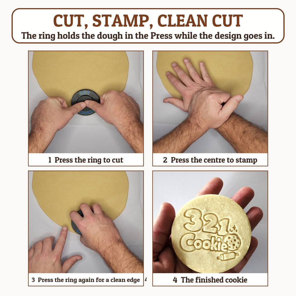 Cut and stamp in one press: the cutter ring holds the dough while the plunger stamps