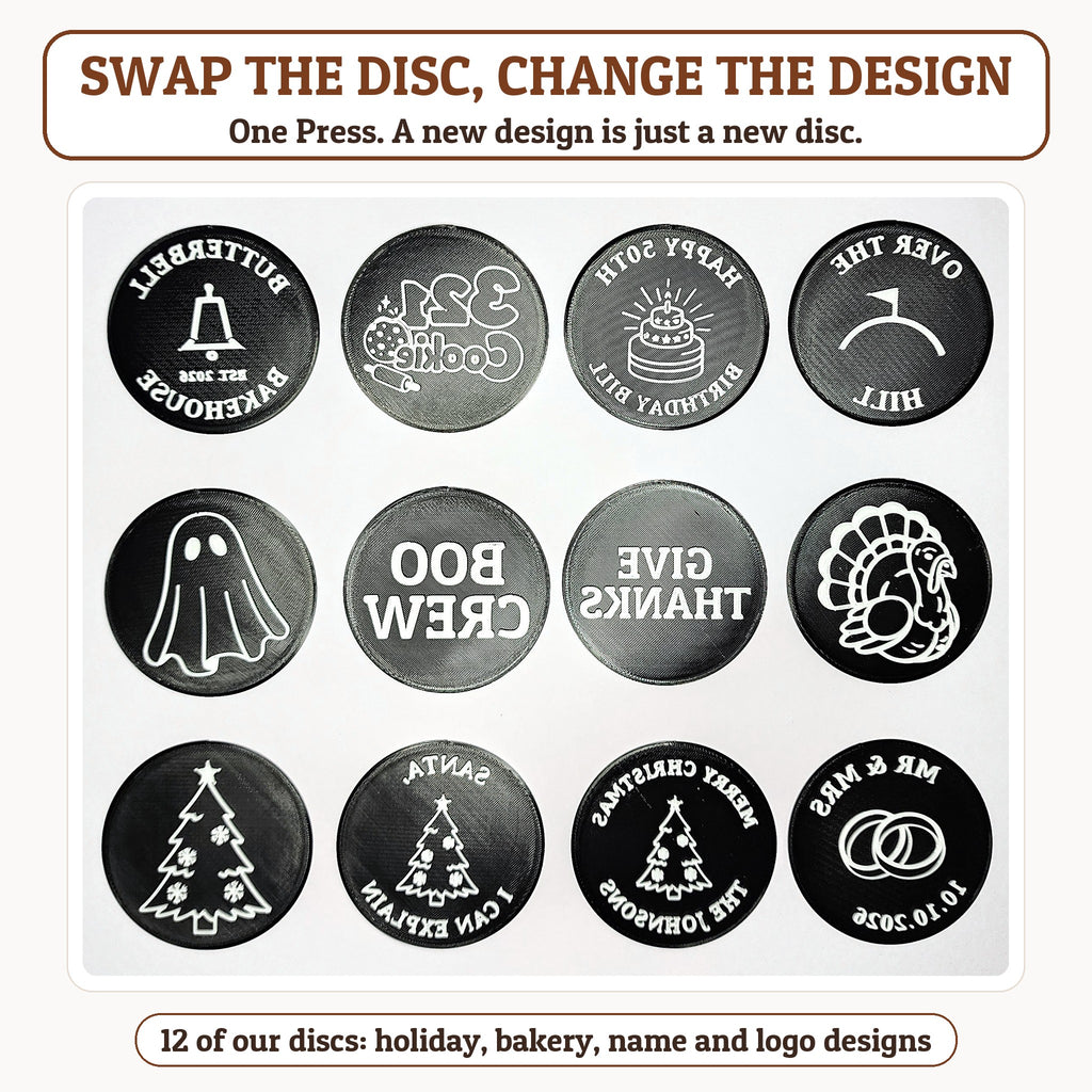 Twelve 321 Cookie design discs: holiday, bakery, name and logo designs