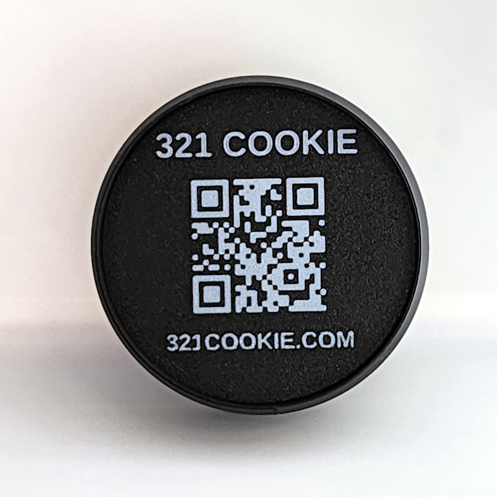 The QR backer printed with the 321 Cookie QR code and 321COOKIE.COM