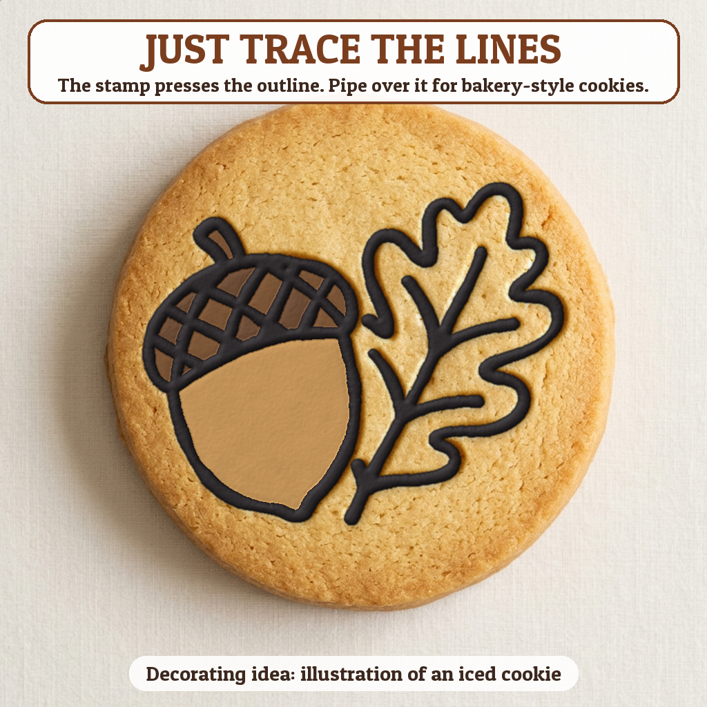Acorn and Oak Leaf cookie traced with icing, iced decorating idea
