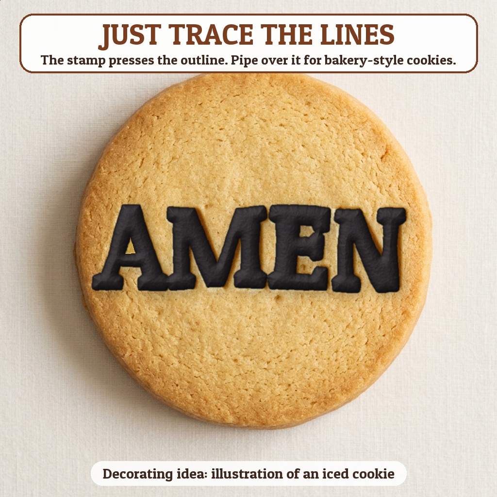 Amen cookie traced with icing, iced decorating idea