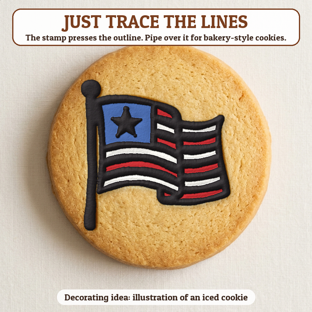 American Flag cookie traced with icing, iced decorating idea