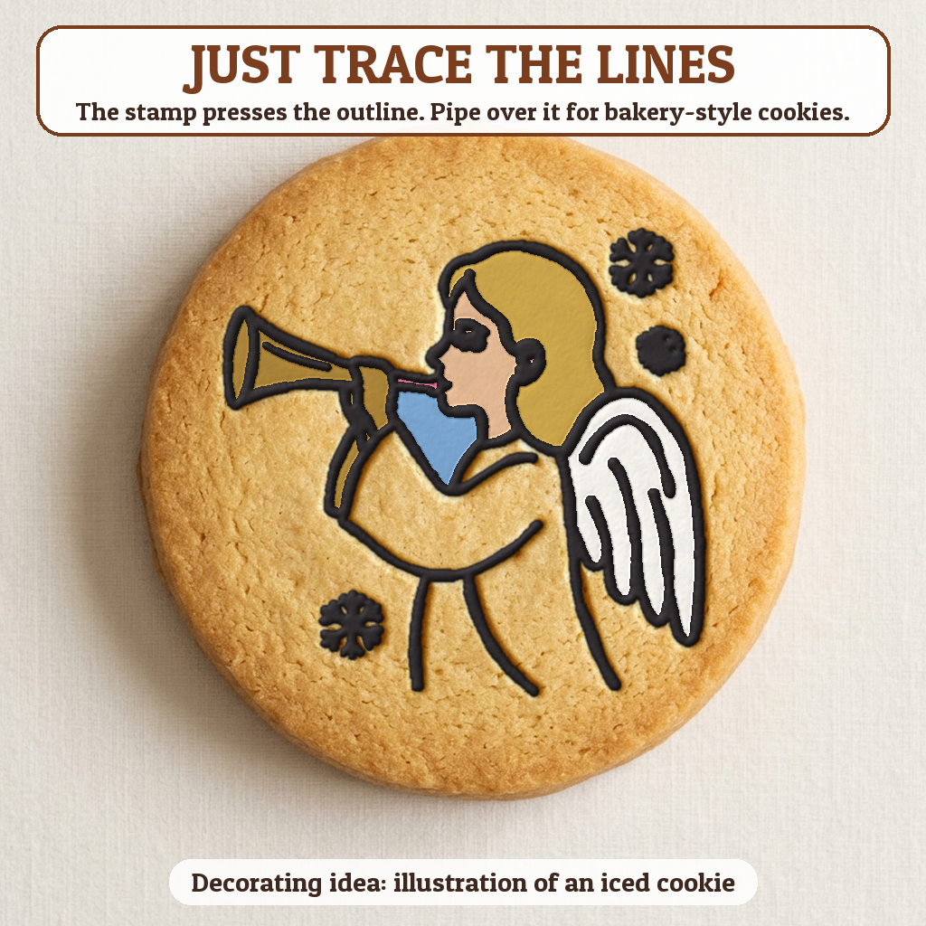 Angel with a Trumpet cookie traced with icing, iced decorating idea