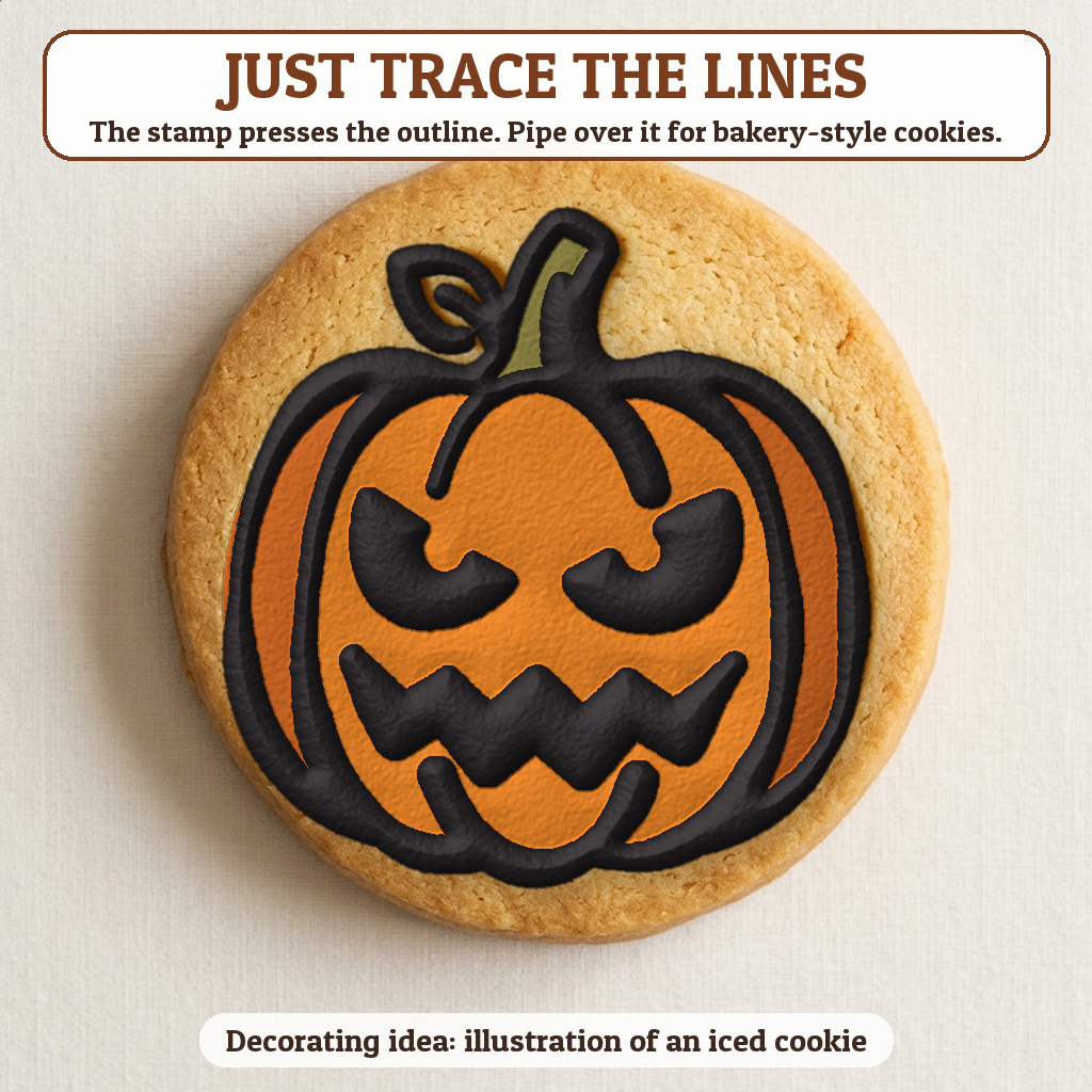 Angry Jack-O-Lantern cookie traced with icing, iced decorating idea