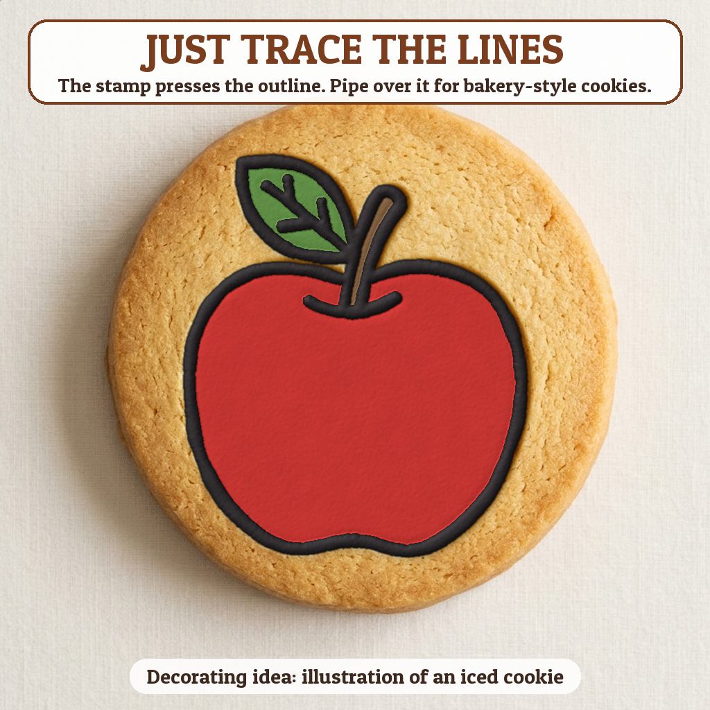 Apple cookie traced with icing, iced decorating idea