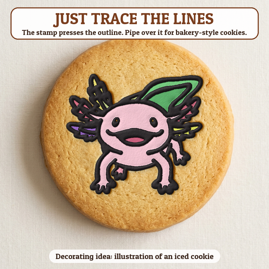 Axolotl cookie traced with icing, iced decorating idea