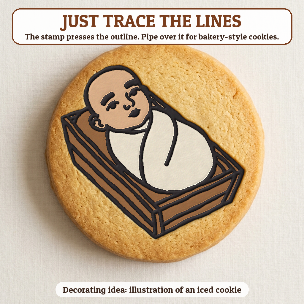 Baby in the Manger cookie traced with icing, iced decorating idea