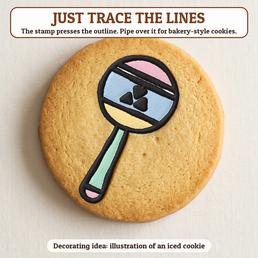 Baby Rattle cookie traced with icing, iced decorating idea