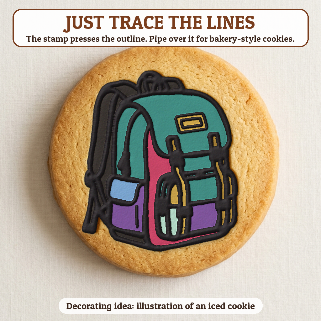 Backpack cookie traced with icing, iced decorating idea