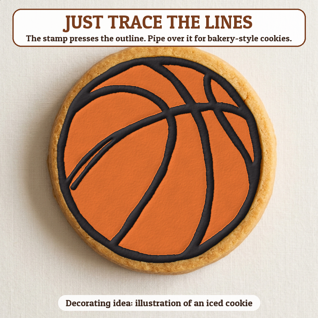 Basketball cookie traced with icing, iced decorating idea