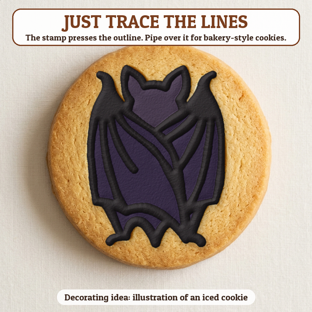 Bat cookie traced with icing, iced decorating idea