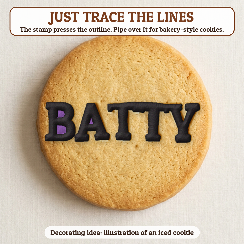 Batty cookie traced with icing, iced decorating idea