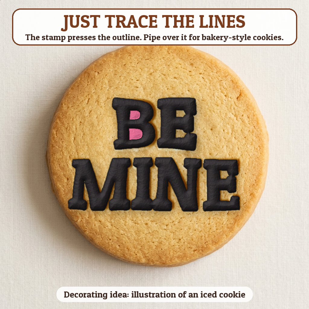 Be Mine cookie traced with icing, iced decorating idea