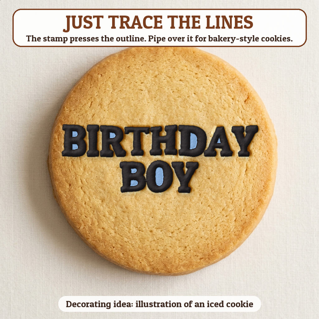 Birthday Boy cookie traced with icing, iced decorating idea