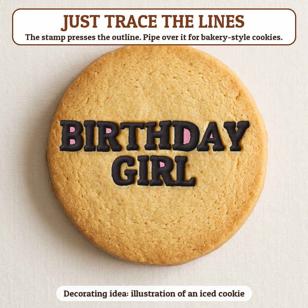 Birthday Girl cookie traced with icing, iced decorating idea