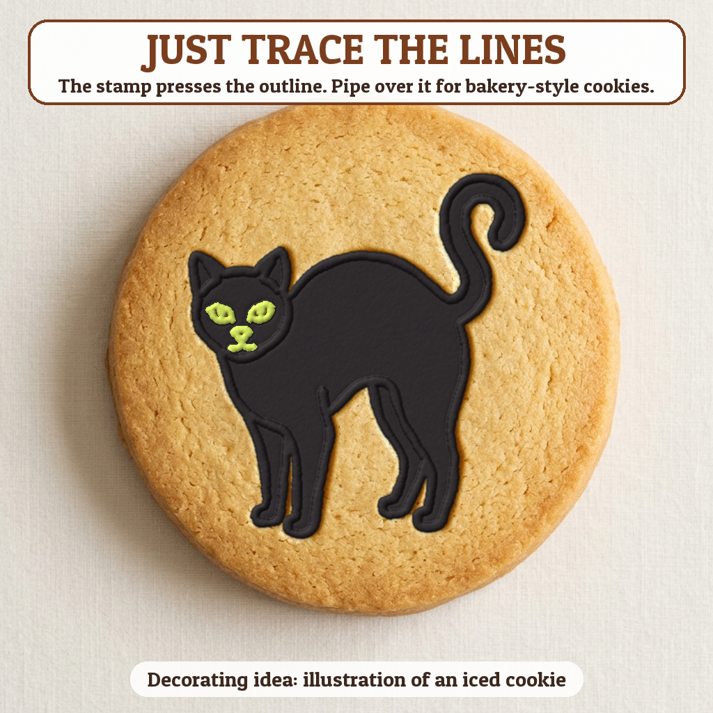 Black Cat cookie traced with icing, iced decorating idea
