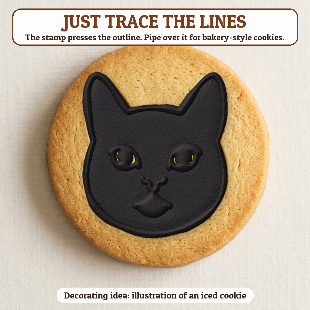 Black Cat Face cookie traced with icing, iced decorating idea