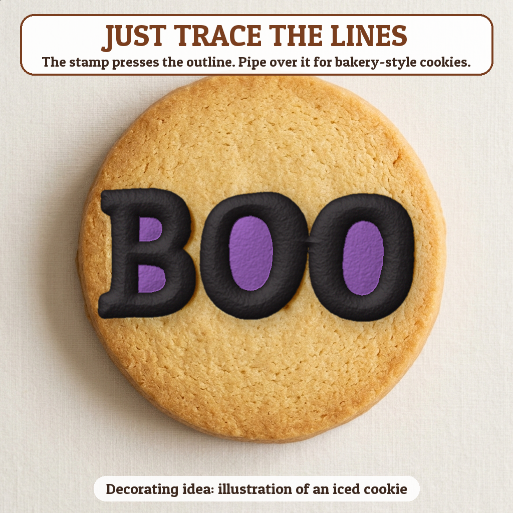 Boo cookie traced with icing, iced decorating idea