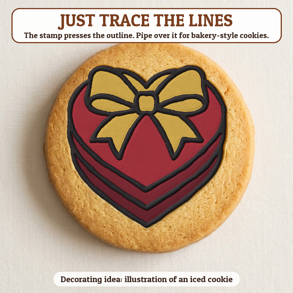 Box of Chocolates cookie traced with icing, iced decorating idea