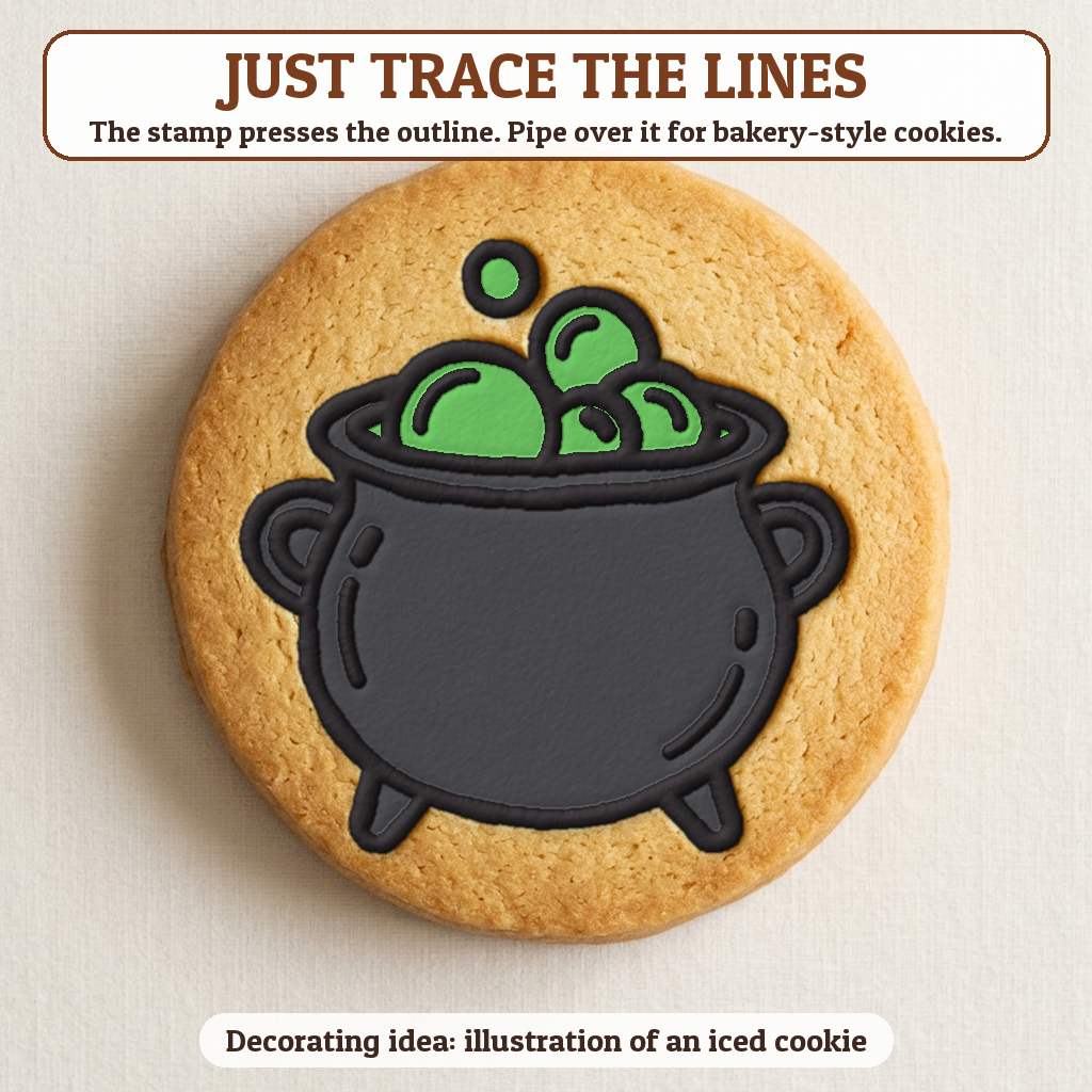 Bubbling Cauldron cookie traced with icing, iced decorating idea