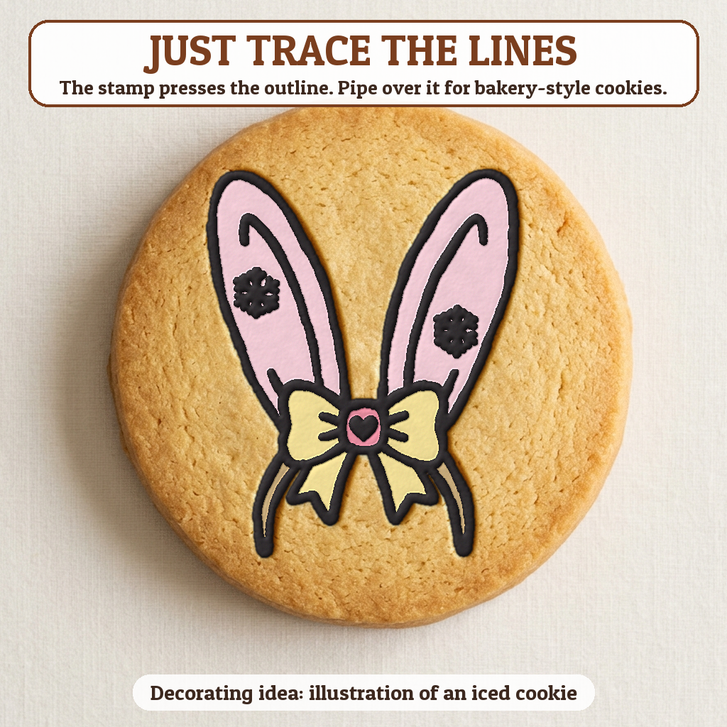 Bunny Ears cookie traced with icing, iced decorating idea