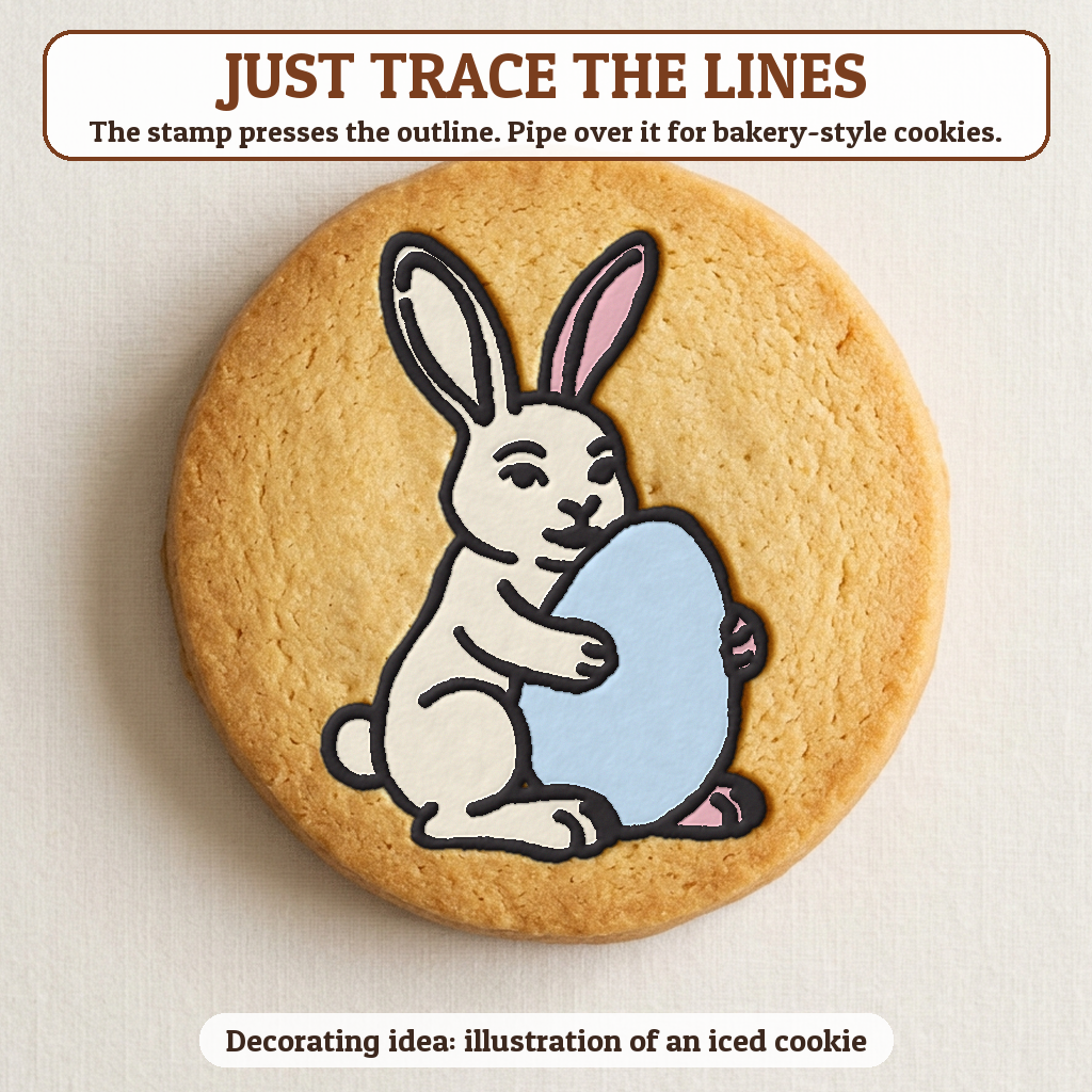 Bunny Holding an Egg cookie traced with icing, iced decorating idea