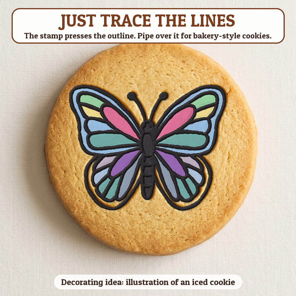 Butterfly cookie traced with icing, iced decorating idea