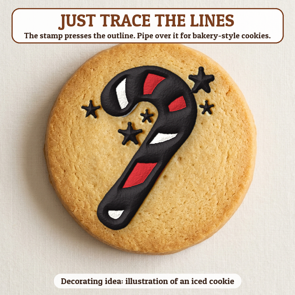 Candy Cane cookie traced with icing, iced decorating idea