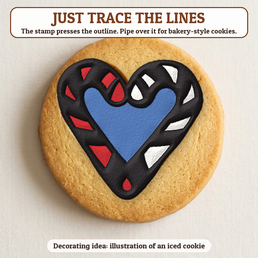 Candy Cane Heart cookie traced with icing, iced decorating idea