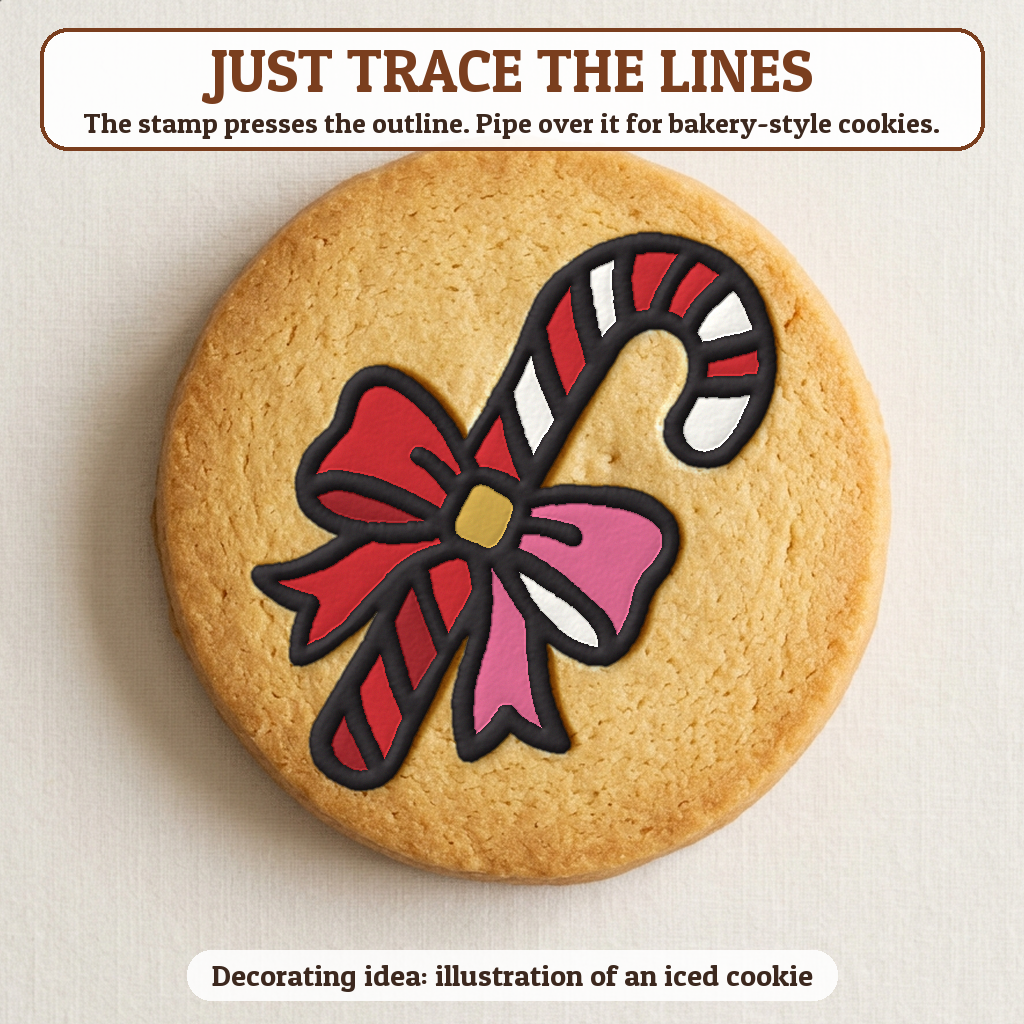 Candy Cane with a Bow cookie traced with icing, iced decorating idea