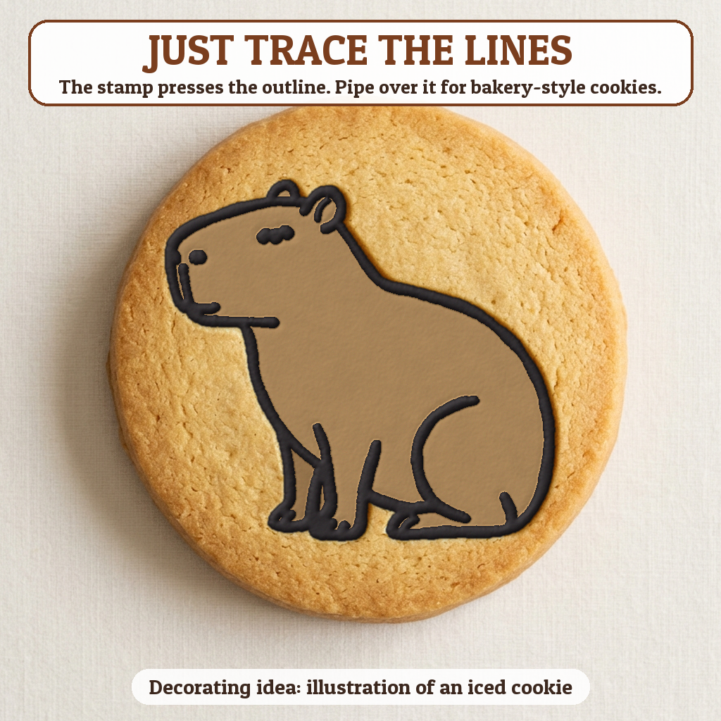 Capybara cookie traced with icing, iced decorating idea