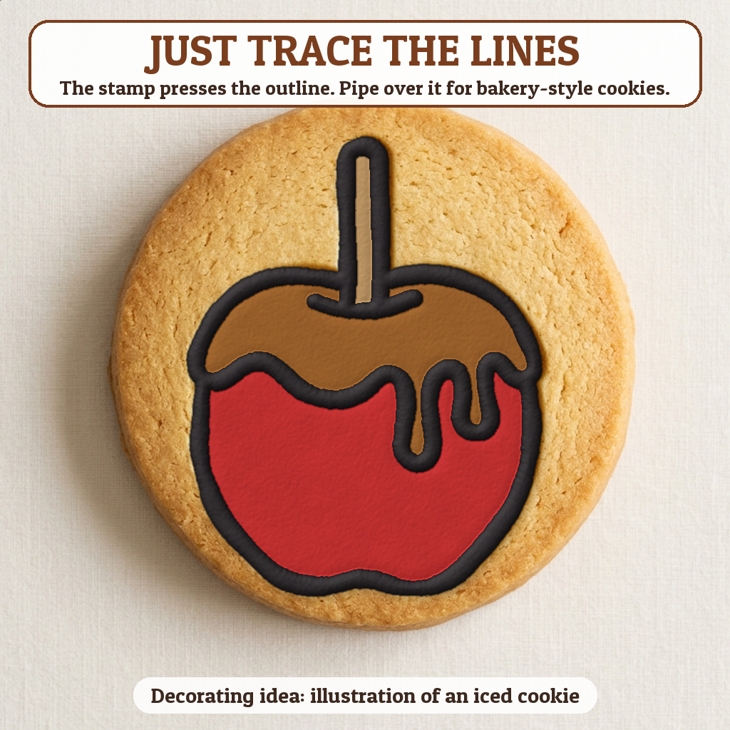 Caramel Apple cookie traced with icing, iced decorating idea