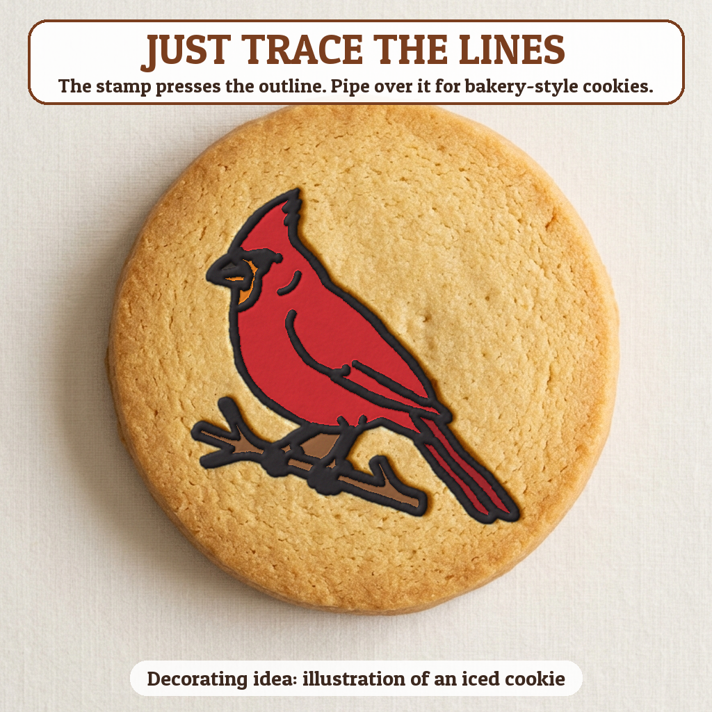 Cardinal in the Snow cookie traced with icing, iced decorating idea