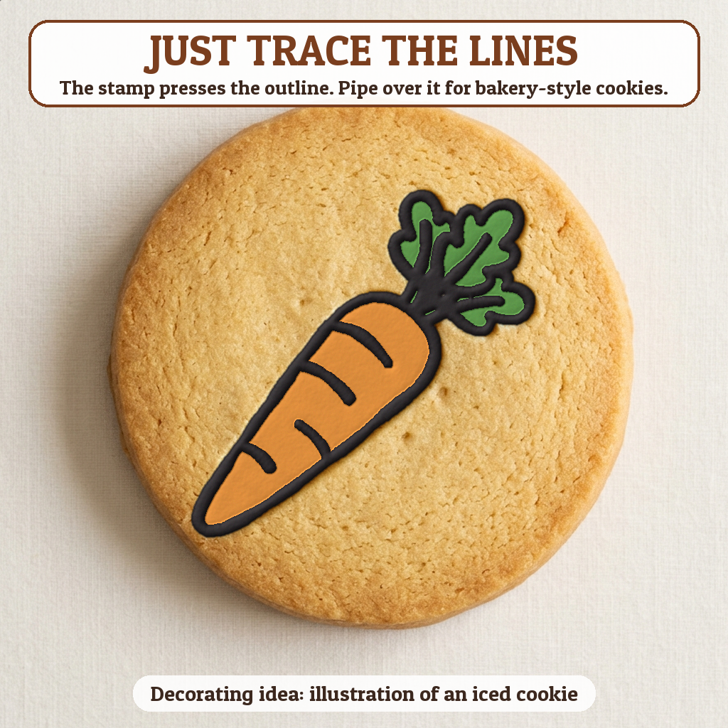 Carrot cookie traced with icing, iced decorating idea