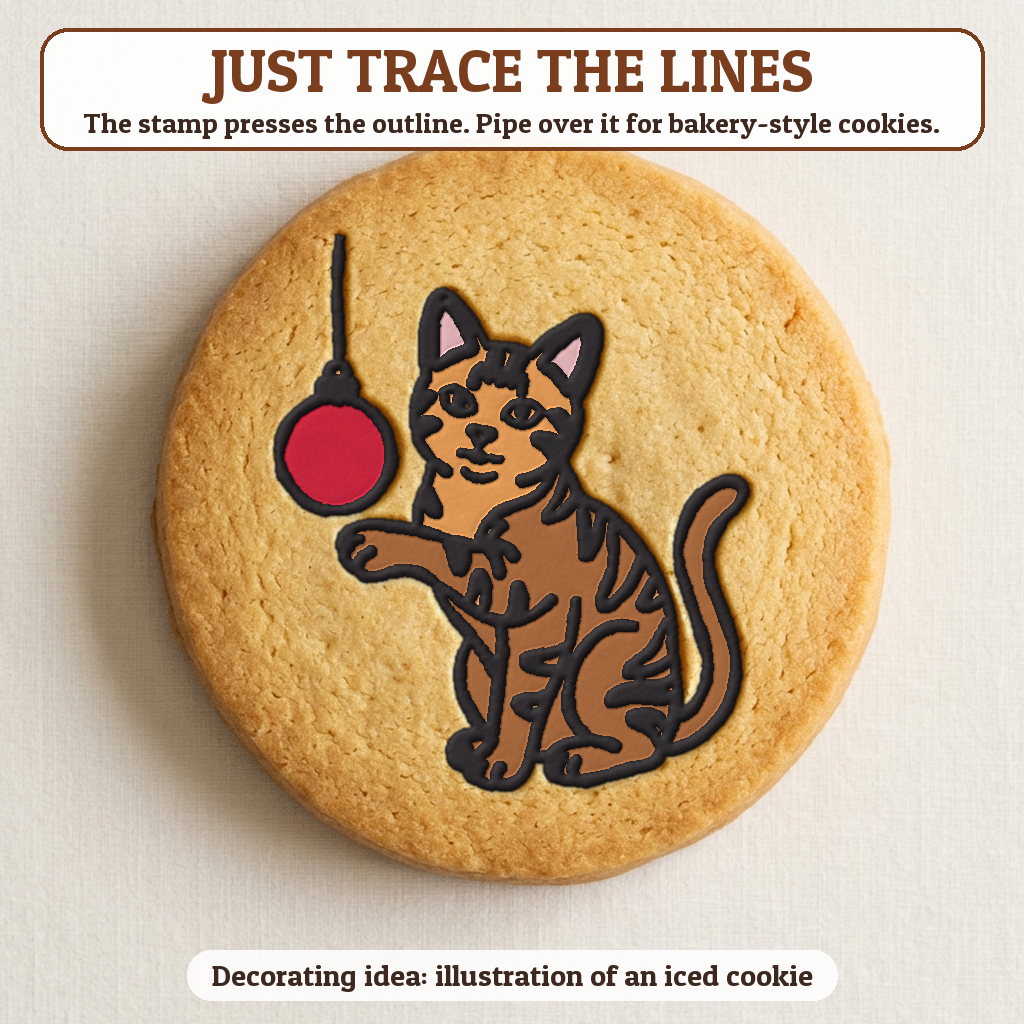 Cat and Ornament cookie traced with icing, iced decorating idea