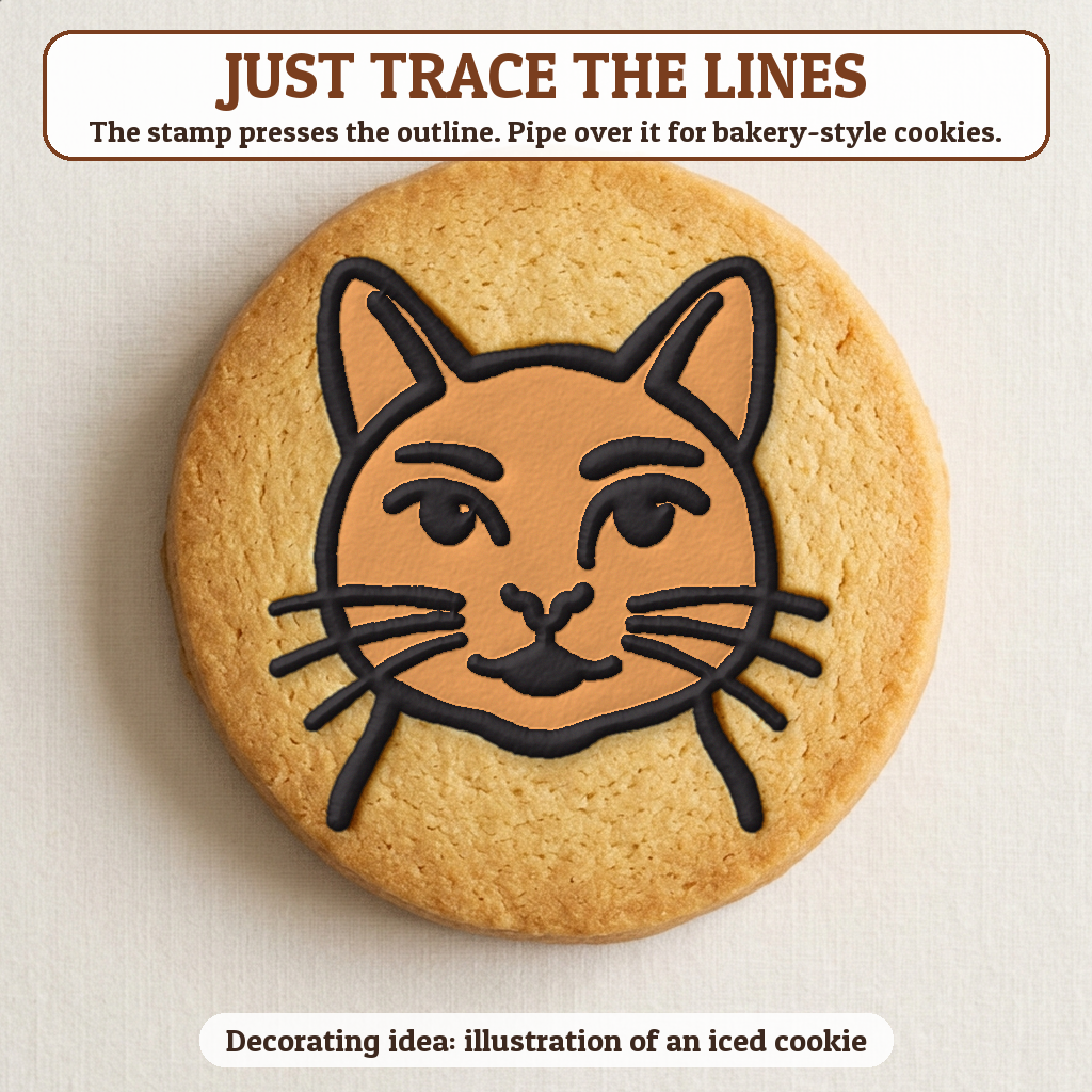 Cat cookie traced with icing, iced decorating idea